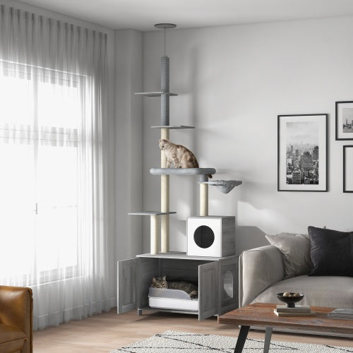 2 In 1 Floor To Ceiling Cat Tower Litter Box Furniture With Condo