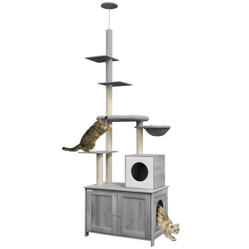 2 In 1 Floor To Ceiling Cat Tower Litter Box Furniture With Condo