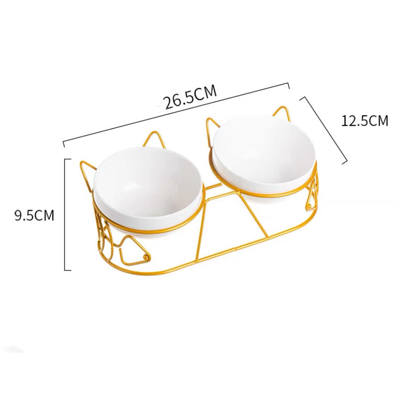 Cute Cat Tall Ceramic Double Bowl Set