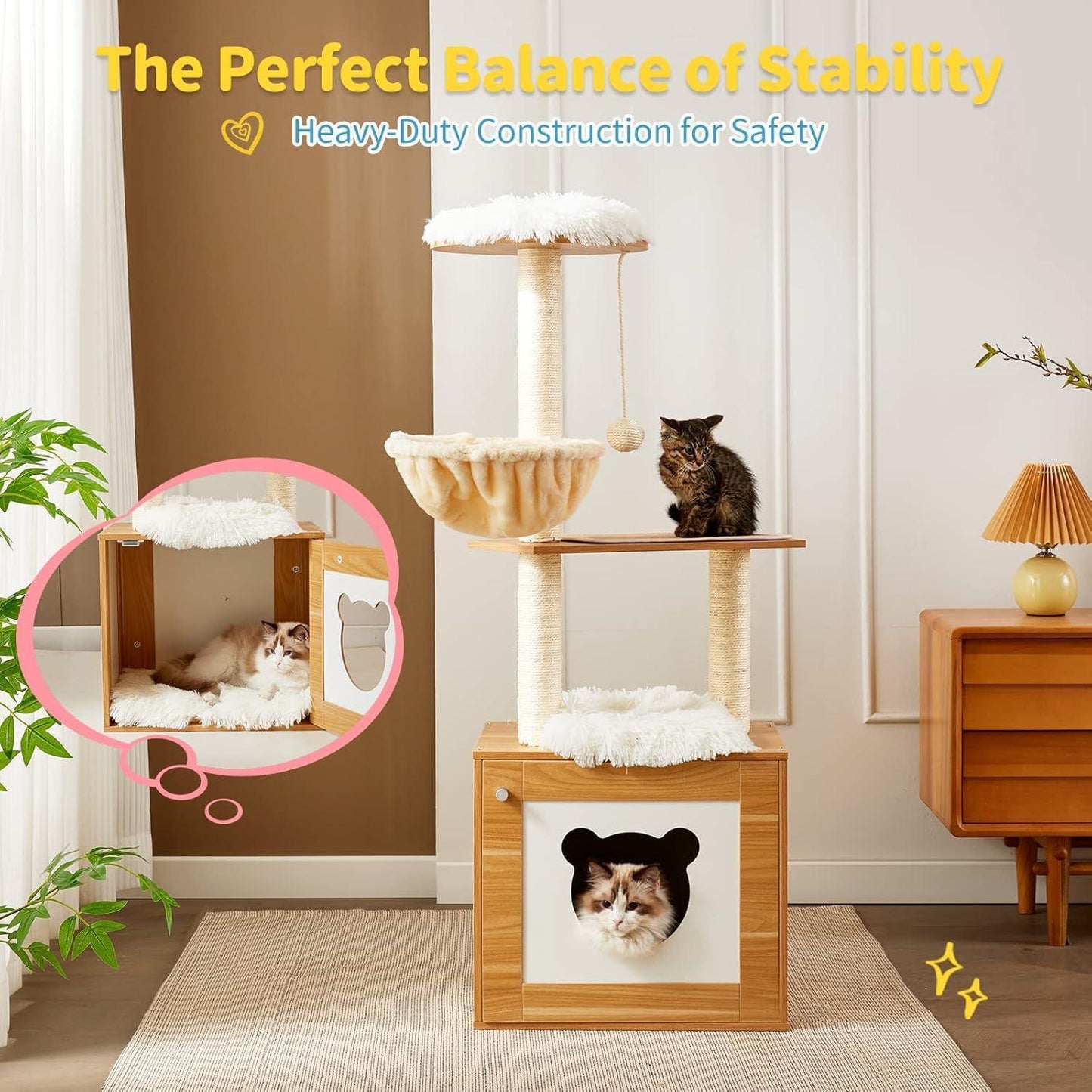 Solid Wood Cat Tree And Tower With Litter Box