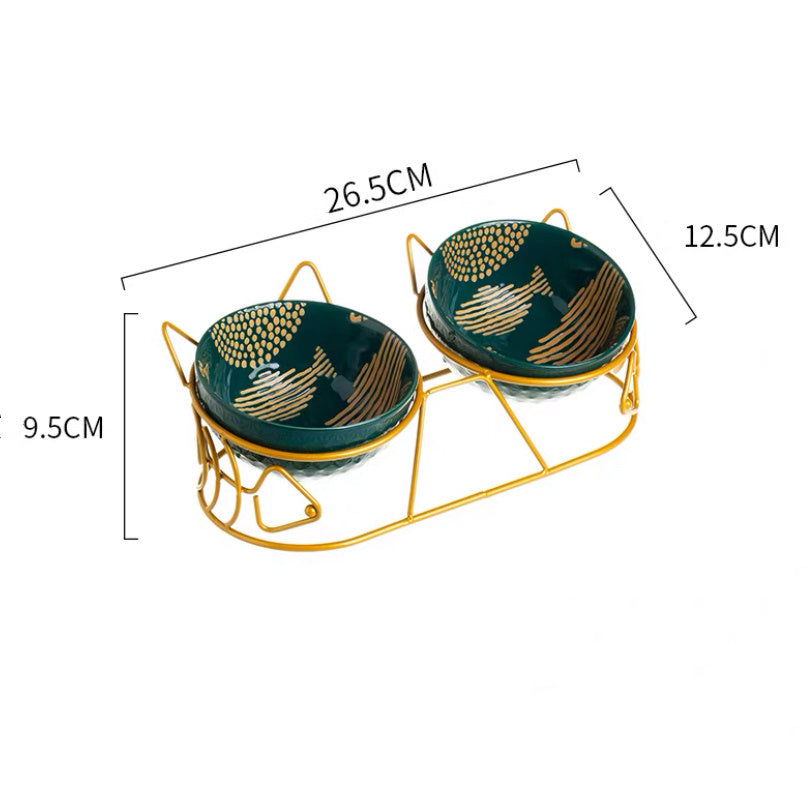 Cute Cat Tall Ceramic Double Bowl Set