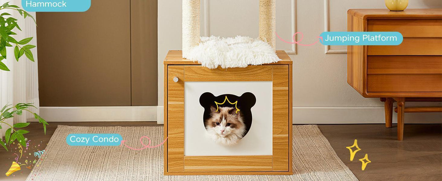 Solid Wood Cat Tree And Tower With Litter Box