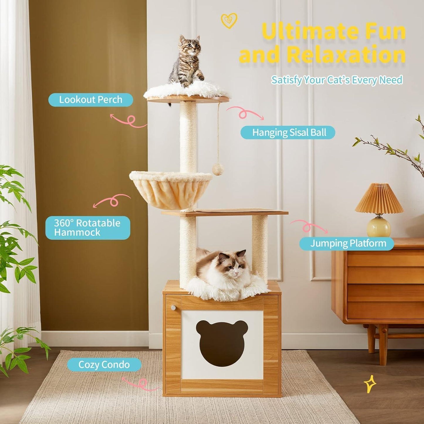Solid Wood Cat Tree And Tower With Litter Box