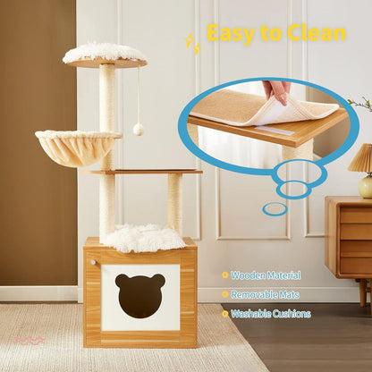Solid Wood Cat Tree And Tower With Litter Box